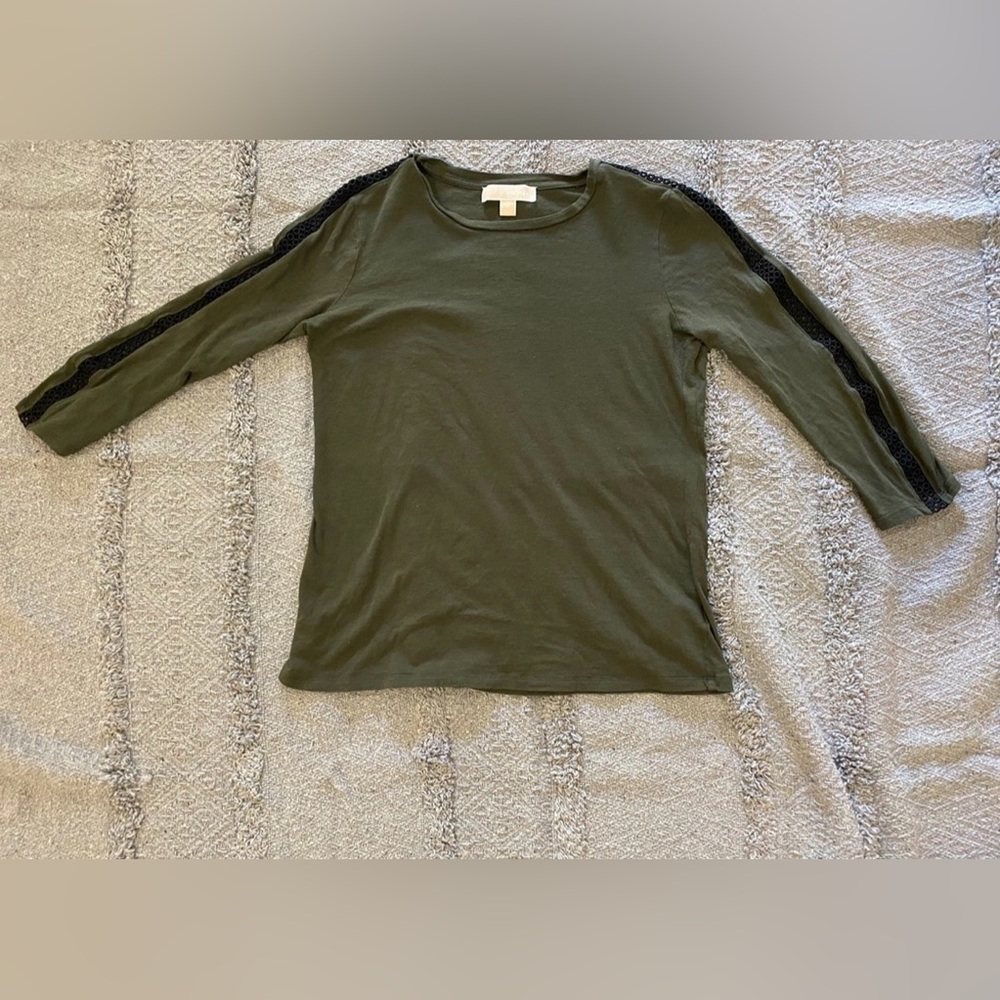 Michael Kors olive green long sleeve top with lace sleeve detail